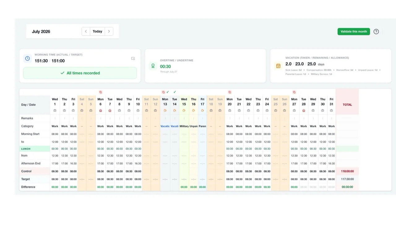 LogSheet monthly timesheet with daily working hours